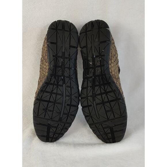 Corkys Forest 9 Gold Stretch Woven Peep Toe Cross Straps Mary Jane Sandals Flats - Picture 5 of 8